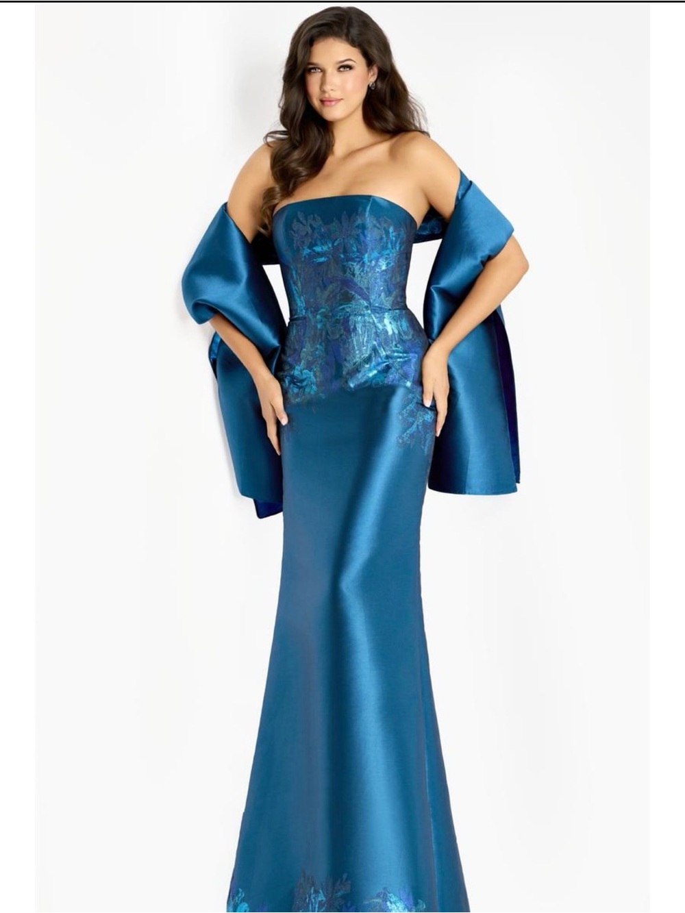 Jovani- 45577 Strapless Gown with Floral Embroidery and Shawl